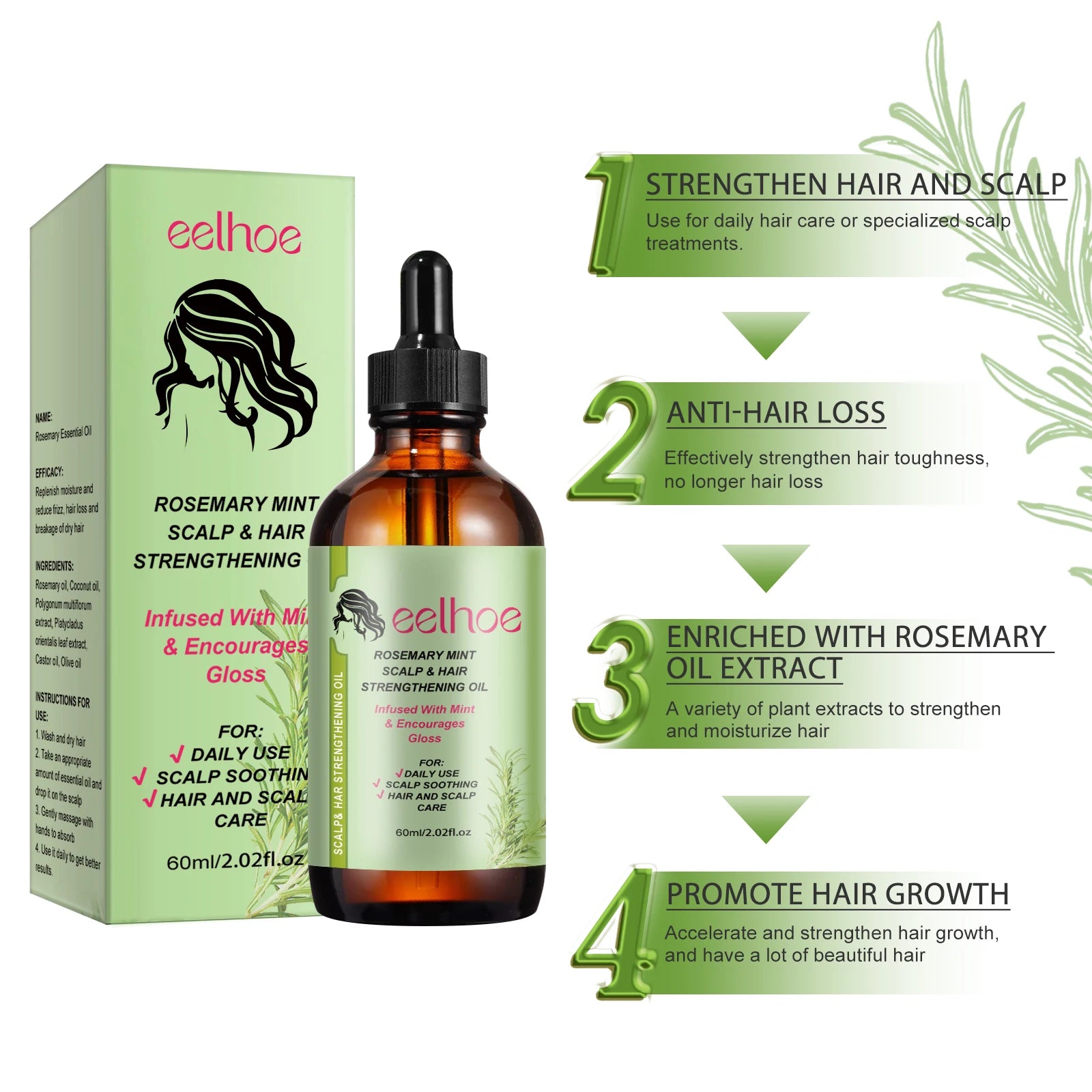 Eelhoe Rosemary Hair Care Series Promote Hair Growth Nourish Strengthen Roots Relieve Scalp Tension Dense Hair Oil With Brush