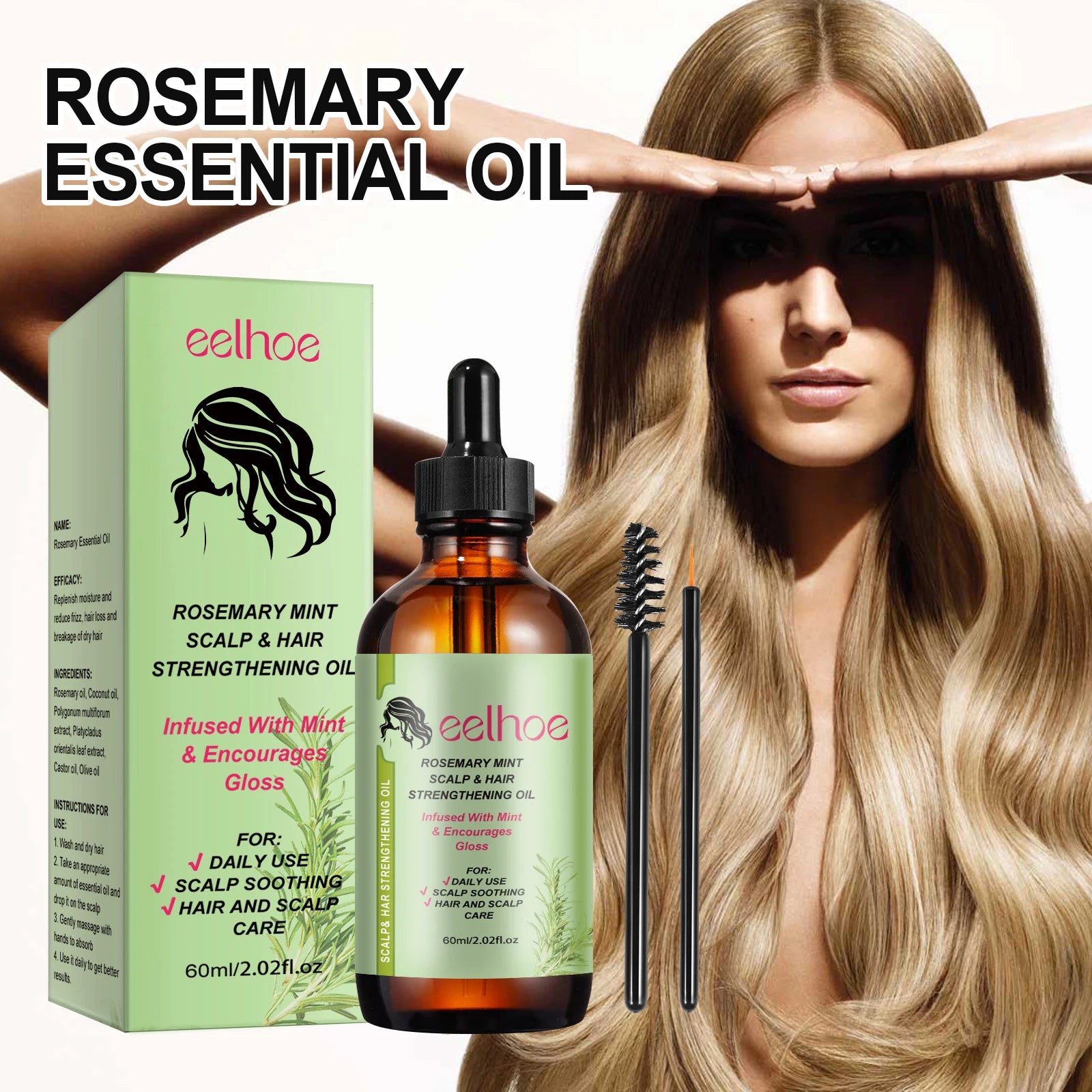 Eelhoe Rosemary Hair Care Series Promote Hair Growth Nourish Strengthen Roots Relieve Scalp Tension Dense Hair Oil With Brush