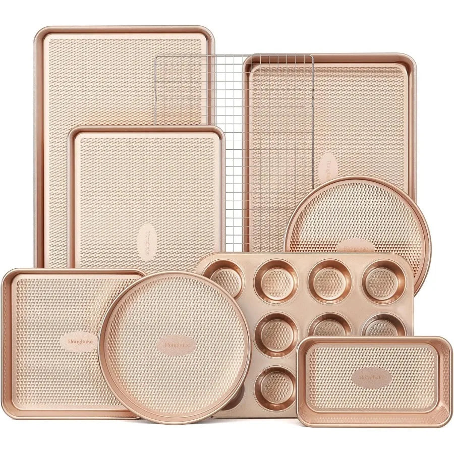 9Piece Nonstick Stackable Baking Pans Set with Diamond Texture for Oven Cooking Includes Cookie Sheet with Rack Cake Pan Roasti