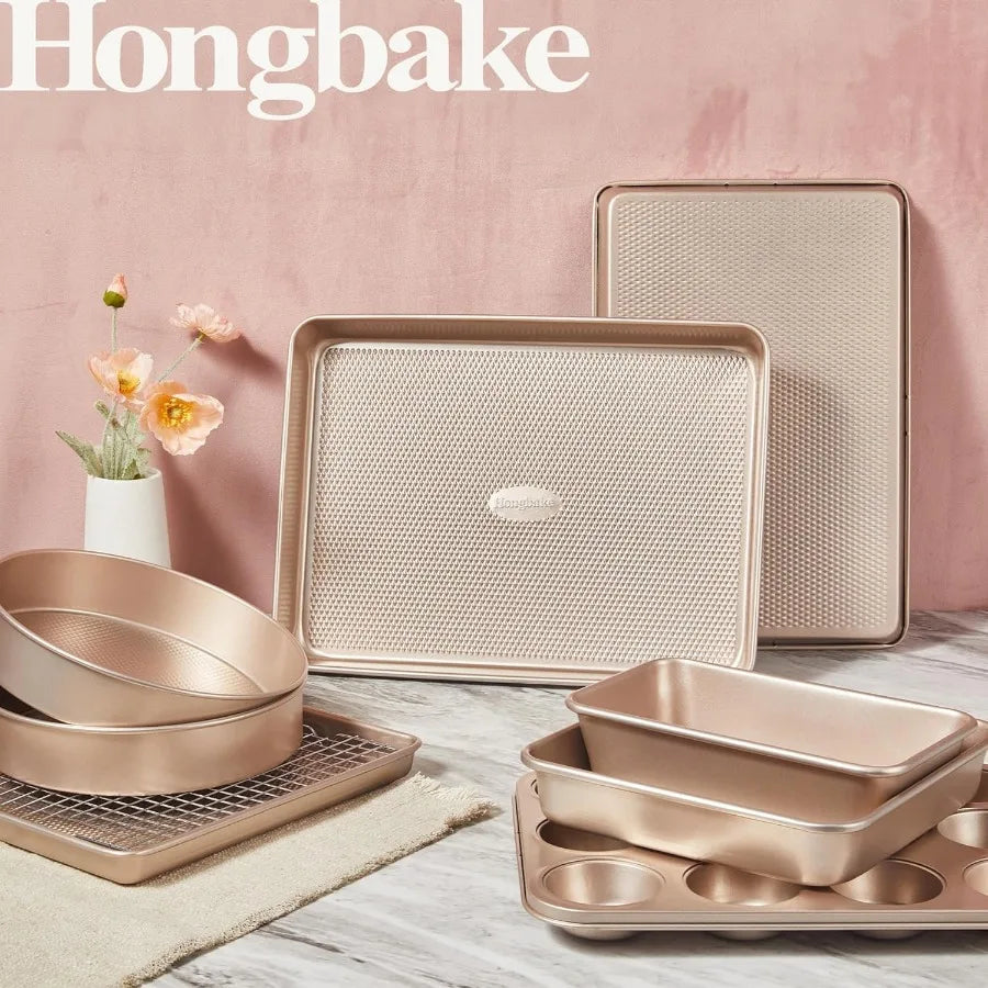 9Piece Nonstick Stackable Baking Pans Set with Diamond Texture for Oven Cooking Includes Cookie Sheet with Rack Cake Pan Roasti
